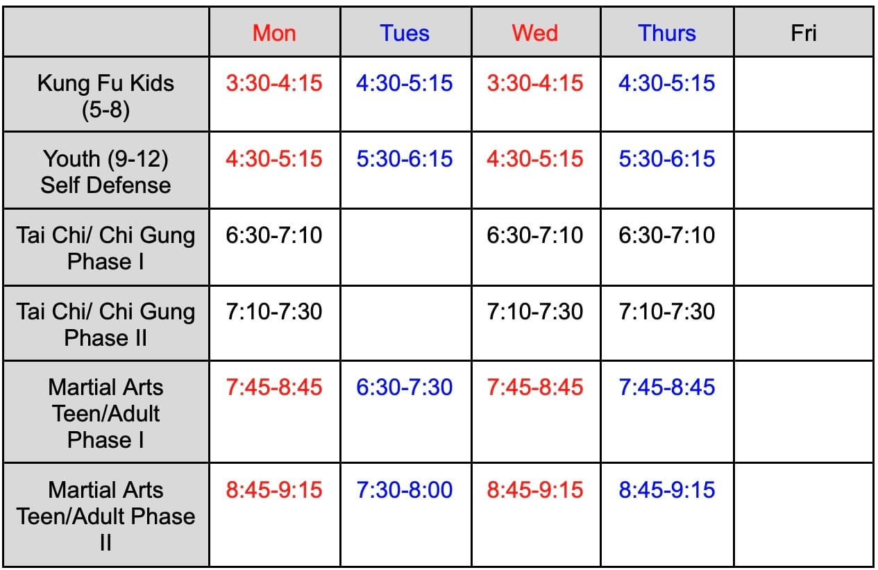 Class Schedule Wilson Family Martial Arts Academy